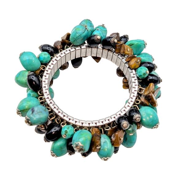 Turquoise & Black Acrylic Bead & Tiger's Eye Stone Chip Stretch Cha Cha Bracelet - Picture 1 of 5